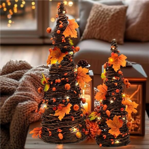 CRCZK 16inch Fall Tree Decoration Indoor, 2PCS Artifical Autumn Rattan Pumpkins - Picture 6 of 8